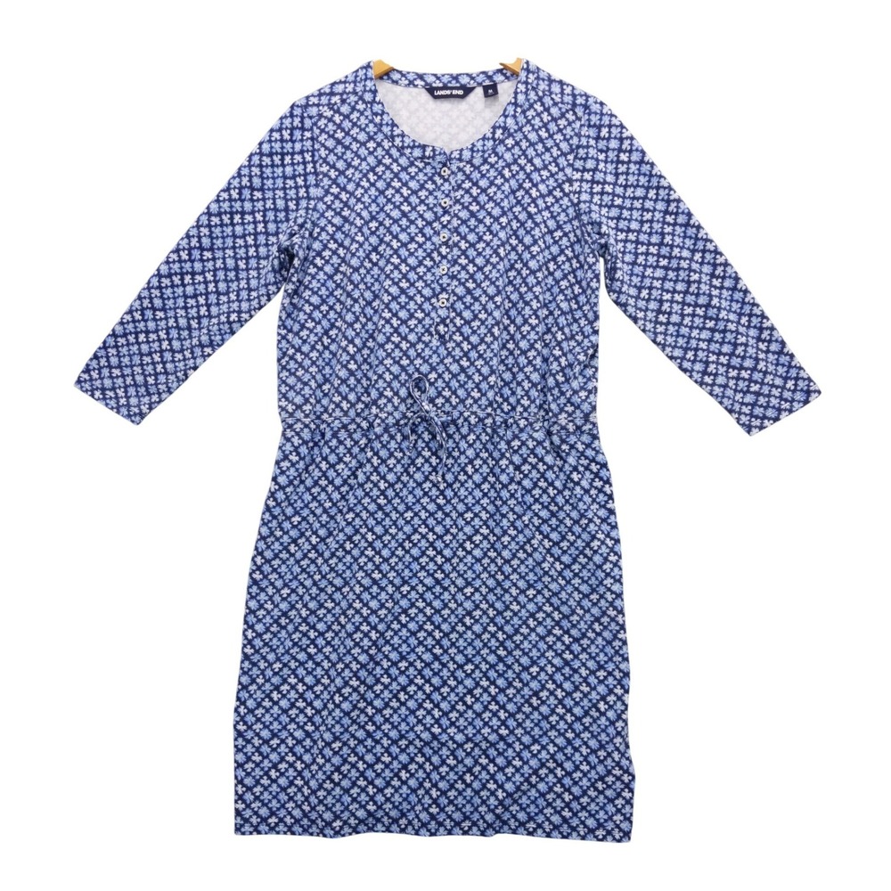 Lands End Blue Floral Henley Dress Drawstring Waist Pockets Size M 10-12